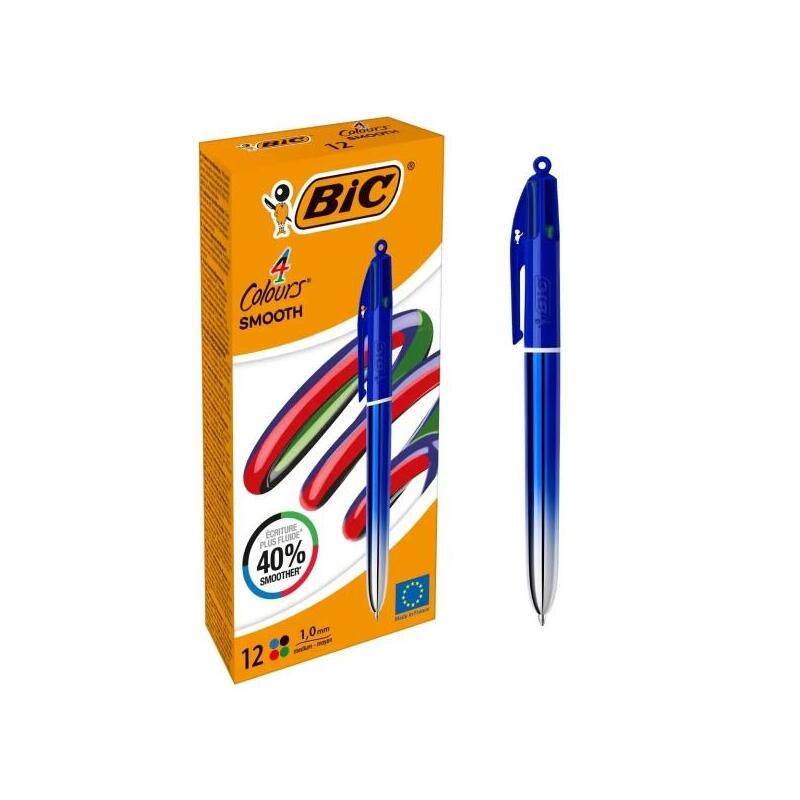Pack De 12 Unidades Bic 4 Colours Smooth Gradient Azul Boligrafo De Bola Retractil - Punta Media De 1.0mm - Escritura