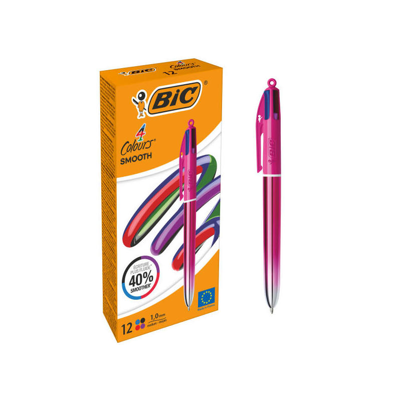 Pack De 12 Unidades Bic 4 Colours Smooth Gradient Rosa Boligrafo De Bola Retractil - Punta Media De 1.0mm - Escritura