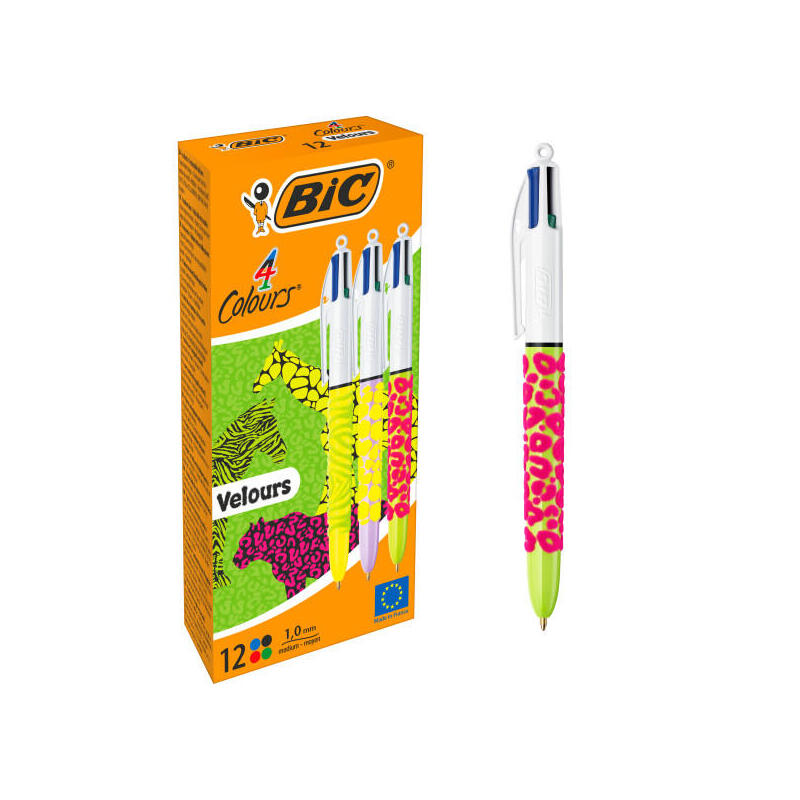 Pack De 12 Unidades Bic 4 Colours Velours Boligrafo De Bola Retractil - Punta Media De 1.0mm - Tinta Con Base De Aceite