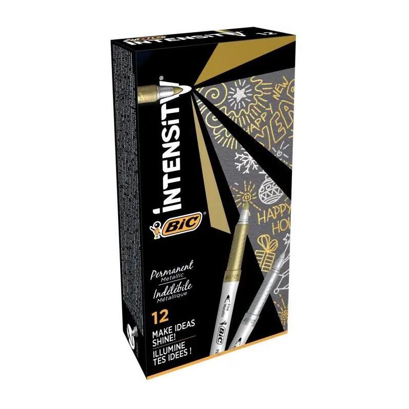Pack De 12 Unidades Bic Intensity Metallic Rotulador Permanente - Punta Media 1.8mm - Trazo 0.8mm - Grip Texturizado - Color Oro Y Plata
