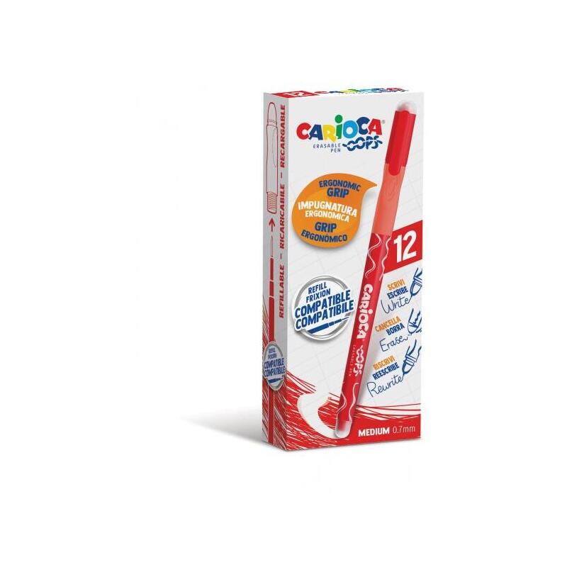 Pack De 12 Unidades Carioca Oops Boligrafos Borrables - Tinta Roja Termo Sensible - Empuñadura Ergonomica Triangular -