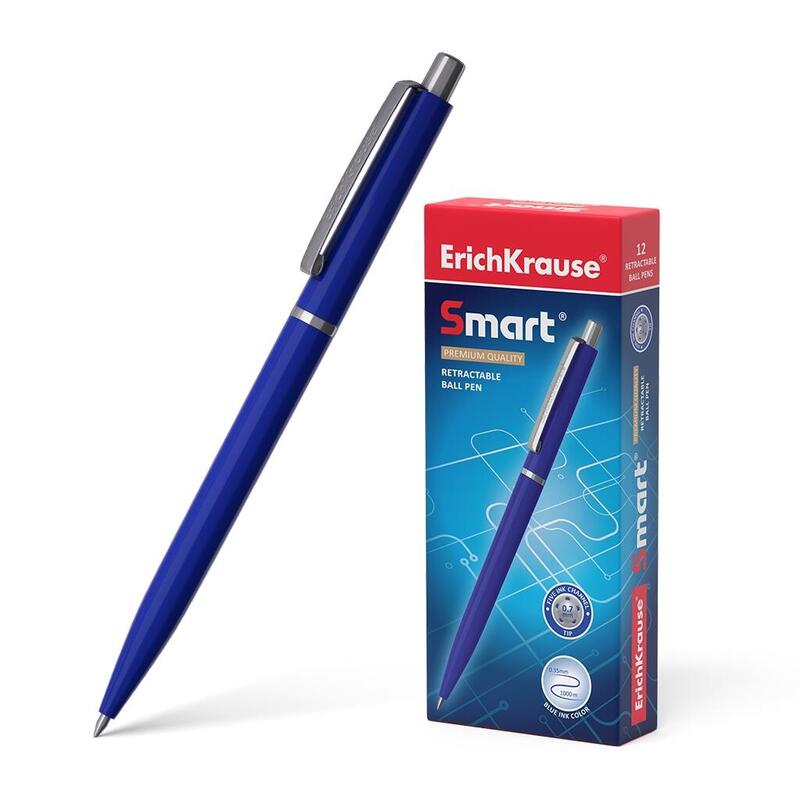 Pack De 12 Unidades Erichkrause Boligrafo Automatico Smart - Recargable Con Clip Metalico - Punta De 07mm - Tinta De Secado Rapido - Cuerpo Opaco Y Satinado - Color Azul