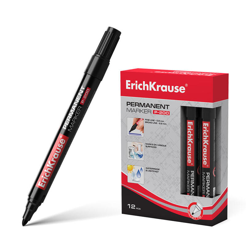 Pack De 12 Unidades Erichkrause Marcador Permanente P-200 - Punta En Forma De Bala - Resistente Al Agua Y A Los Rayos