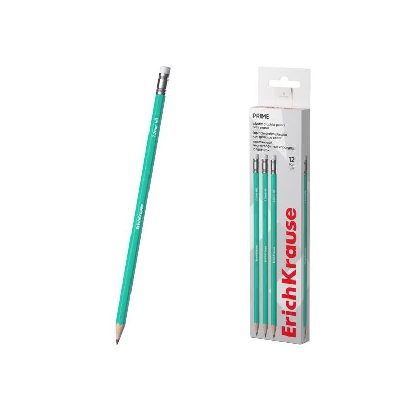 Pack De 12 Unidades Erichkrause Prime Lapiz De Grafito Con Goma De Borrar - Mina Hb De 2.2mm - Cuerpo Hexagonal -
