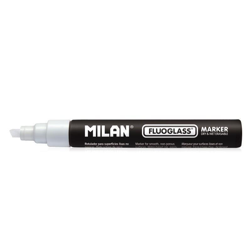 Pack De 12 Unidades Milan Fluoglass Rotulador Superficies Lisas - Punta Biselada - Trazo De 2 - 4mm - Tinta Al Agua - Borrado Facil - Color Blanco