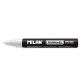Pack De 12 Unidades Milan Fluoglass Rotulador Superficies Lisas - Punta Biselada - Trazo De 2 - 4mm - Tinta Al Agua - Borrado Facil - Color Blanco