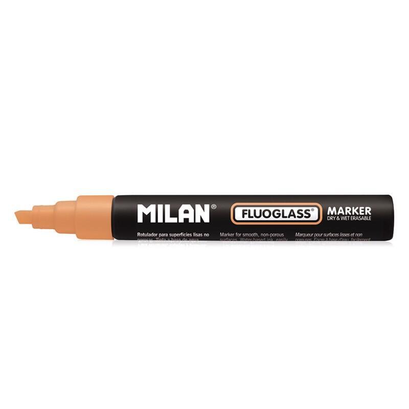 Pack De 12 Unidades Milan Fluoglass Rotulador Superficies Lisas - Punta Biselada - Trazo De 2 - 4mm - Tinta Al Agua - Borrado Facil - Color Naranja