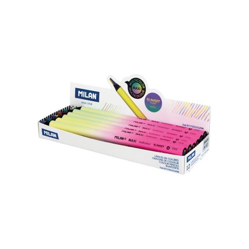 Pack De 12 Unidades Milan Maxi Sunset Lapiz Mina 5mm Multicolor -  La Mina Contiene 4 Colores: Amarillo, Rosa, Verde Y