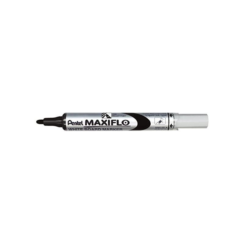Pack De 12 Unidades Pentel Maxiflo Rotulador Para Pizarra Blanca - Regulacion Del Flujo De Tinta - Punta De Bala - Ancho De Linea 2mm - 50% De Materiales Reciclados - Color Negro