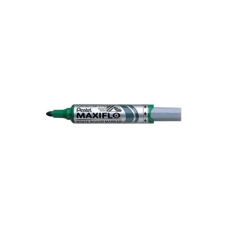 Pack De 12 Unidades Pentel Maxiflo Rotulador Para Pizarra Blanca - Regulacion Del Flujo De Tinta - Punta Redonda - Ancho De Linea 2,5mm - 50% De Materiales Reciclados - Color Verde