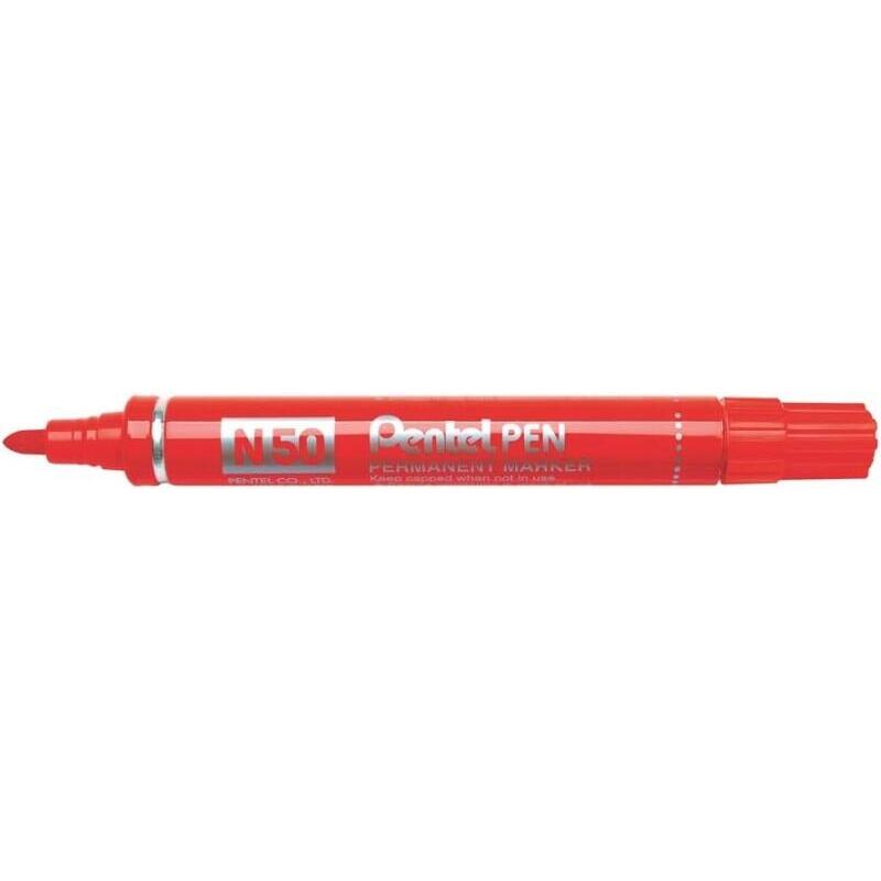 Pack De 12 Unidades Pentel Pen N50 Rotulador Permanente - Punta De 4.3mm - Resistente A Agua Y Luz - Rojo
