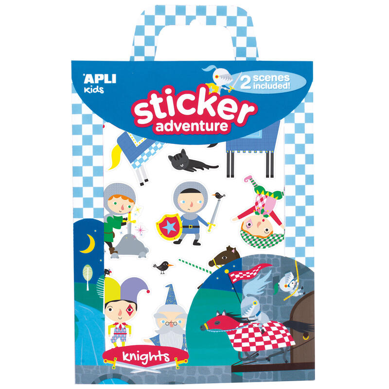 Pack De 2 Unidades Apli Juego De Pegatinas De Papel Tematica Caballeros - 2 Escenarios 45x20cm - 2 Hojas De Gomets Removibles - Cajita Con Asa - Ideal Para Viajes - Recomendado +3 Años - Colorido