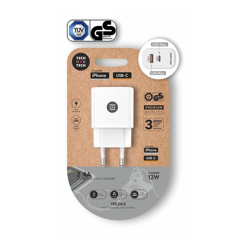 Pack De 2 Unidades - Cargador Usb-C + Usb-A, 12 W, Blanco