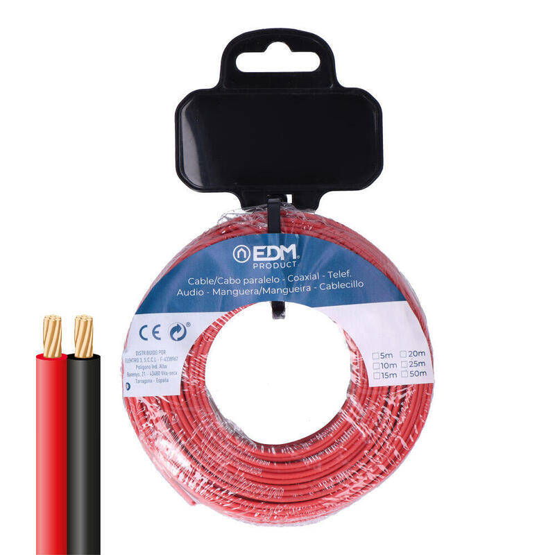Pack De 2 Unidades - Carrete Cable Paralelo 2x1mm² Rojo/Negro 5m.