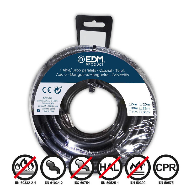 Pack De 2 Unidades - Carrete Cablecillo H07z1-K 1,50 Mm² Negro, 10 M