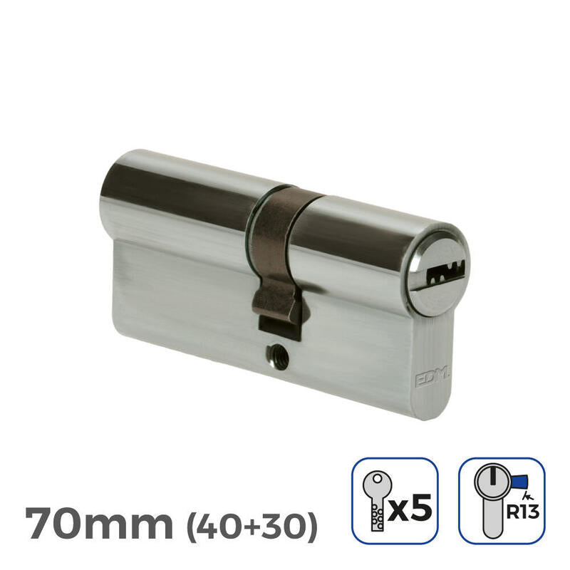 Pack De 2 Unidades - Cilindro 70mm (40+30mm) Niquelado, Leva Corta R13 Con 5 Llaves Seguridad Incluidas