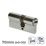 Pack De 2 Unidades - Cilindro 70mm (40+30mm) Niquelado, Leva Corta R13 Con 5 Llaves Seguridad Incluidas