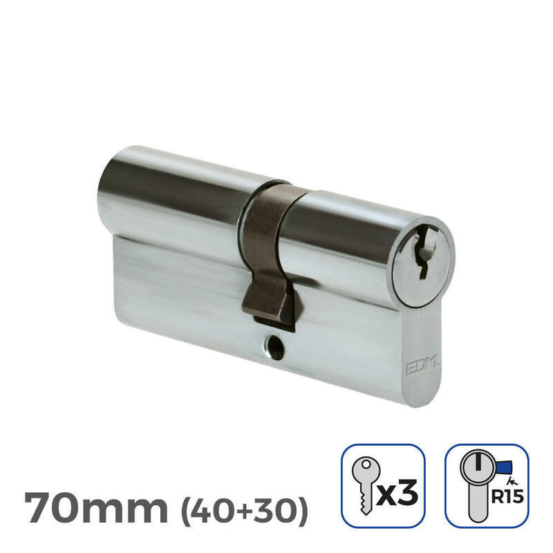 Pack De 2 Unidades - Cilindro 70mm (40+30mm) Niquelado, Leva Larga R15 Con 3 Llaves De Serreta Incluidas