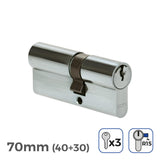 Pack De 2 Unidades - Cilindro 70mm (40+30mm) Niquelado, Leva Larga R15 Con 3 Llaves De Serreta Incluidas
