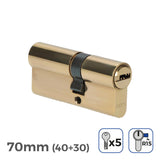 Pack De 2 Unidades - Cilindro Latón 70mm (40+30mm) Leva Larga R15 Con 5 Llaves De Seguridad Incluidas