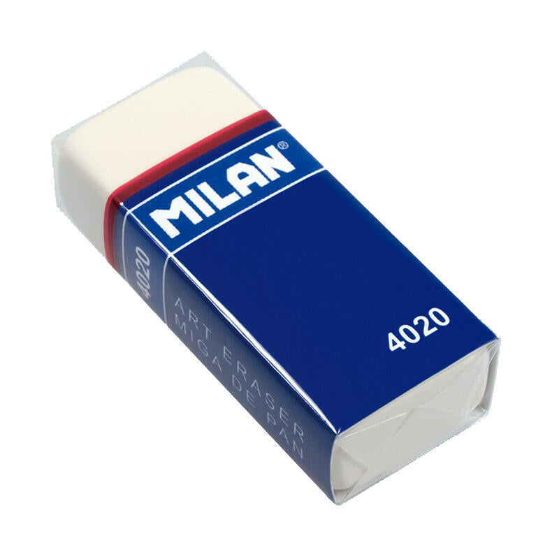 Pack De 20 Unidades Milan 4020 Goma De Borrar Rectangular - Miga De Pan - Suave Caucho Sintetico - Faja De Carton Azul - Envuelta Individualmente - Color Blanco