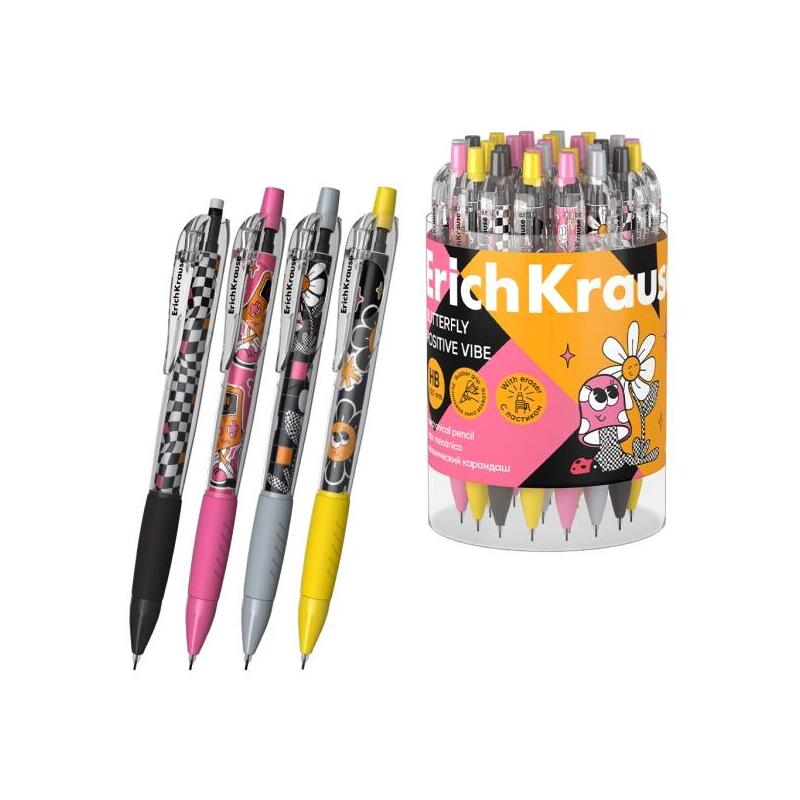 Pack De 24 Unidades Erichkrause Butterfly Positive Vibe Portaminas - Mina Hb De 0.7mm - Goma De Borrar Integrada -