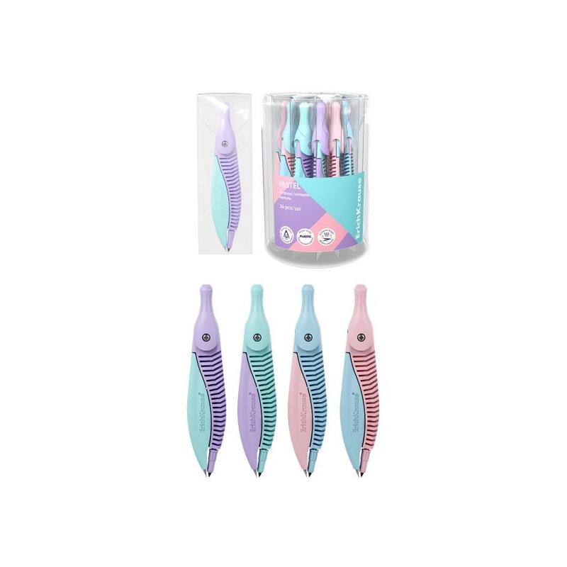 Pack De 24 Unidades Erichkrause Pastel Compas Escolar - Cuerpo De Plastico - Estuche De Pvc - 122mm De Longitud - Radio