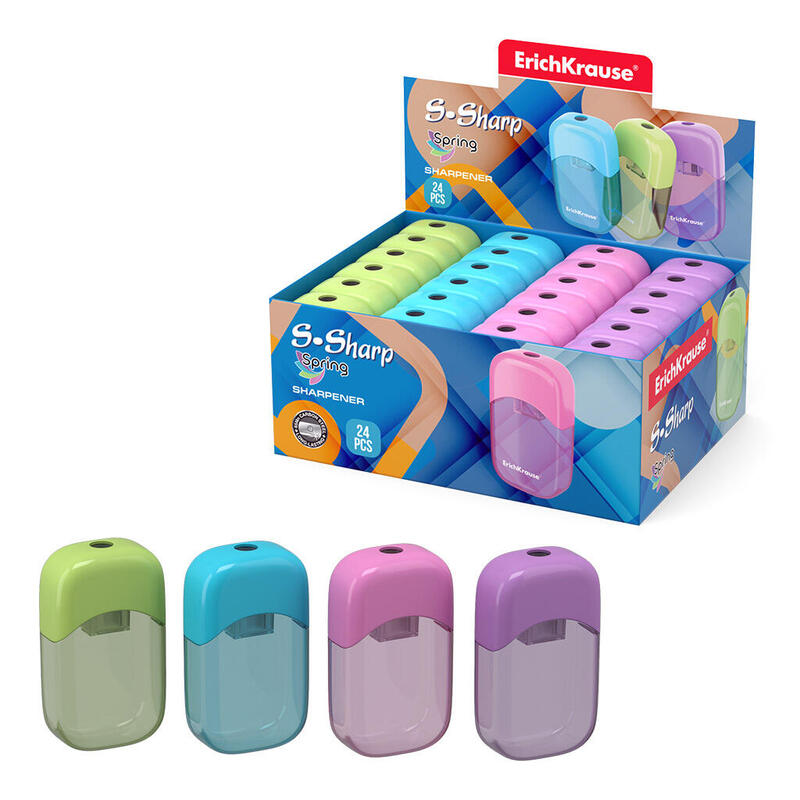 Pack De 24 Unidades Erichkrause Sacapuntas S-Sharp Con Contenedor - Diseño Ergonomico - Cuchilla De Acero Resistente - Color Surtido
