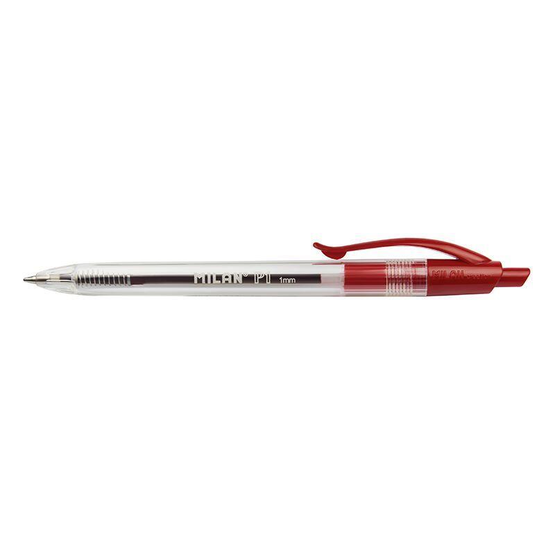Pack De 25 Unidades Milan P1 Boligrafo De Bola Retractil - Punta Redonda 1mm - Cuerpo Transparente - Color Rojo
