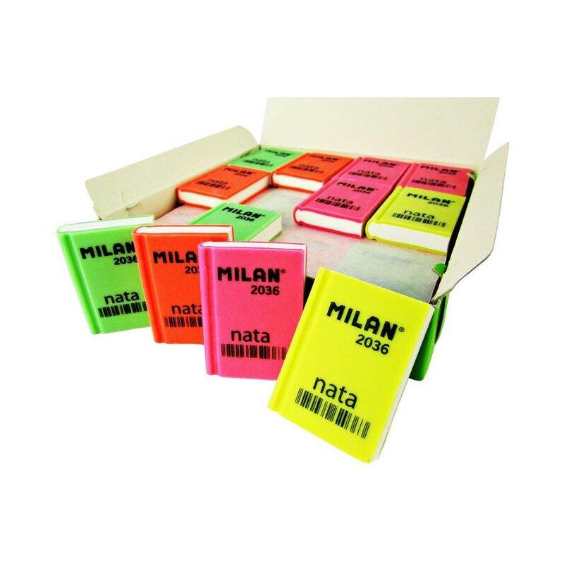 Pack De 36 Unidades Milan Nata 2036 Goma De Borrar Rectangular - Plastico - Suave - Diseño Libro - Colores Fluorescentes Surtidos
