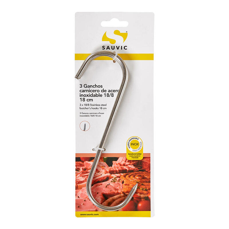 Pack De 4 Unidades - Ganchos Carnicero Inoxidable 18/8 18 Cm De Longitud, Blister 3 Unidades