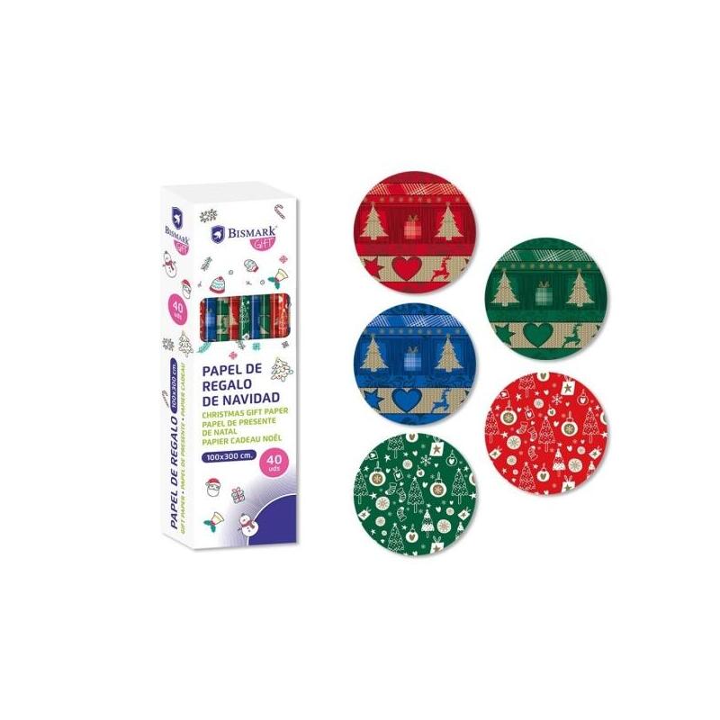 Pack De 40 Unidades Bismark Navidad Metalizado Rollo De Papel Regalo - Medidas 100cmx300cm - 5 Diseã±Os Diferentes