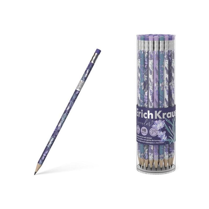 Pack De 42 Unidades Erichkrause Lavanda Lapiz De Grafito Triangular Hb - Goma De Borrar - 4 Diseã±Os Surtidos