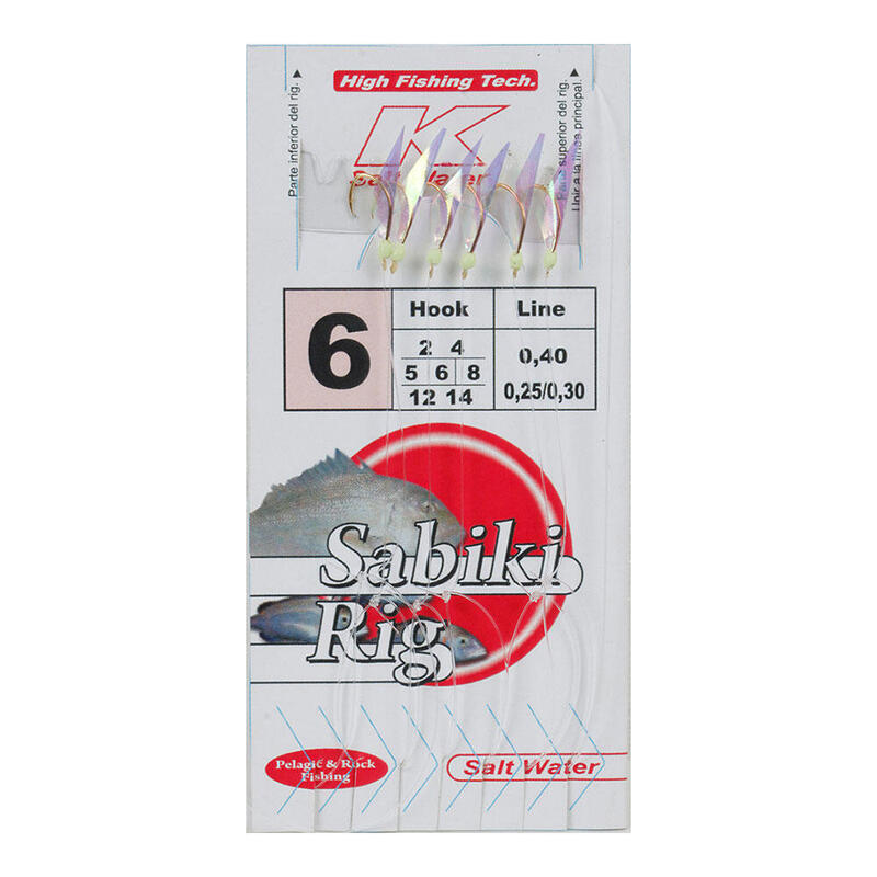 Pack De 5 Unidades - Bajo De 6 Anzuelos Montados Con Piel Irisada, Cabezal Fosfor Y Torniquete