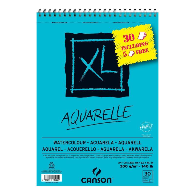 Pack De 5 Unidades Canson Bloc Acuarela Aquarelle Fino Xl Espiral 25 + 5(Gratis) Hojas 300gr 21x29,7cm -