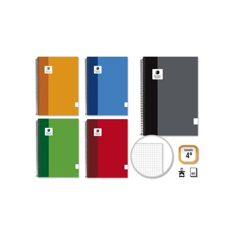 Pack De 5 Unidades Golden Extra Cuaderno Espiral 4âº 80 Hojas 90grs Cuadricula - Margen Remarcado - Tapa Forrada -