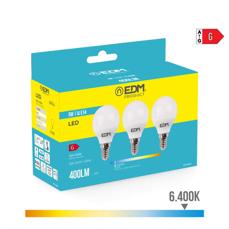 Pack De 5 Unidades - Kit 3 Bombillas Esfericas Led E14 5w 400lm 6400k Luz Fria Ø4,5x8cm Edm