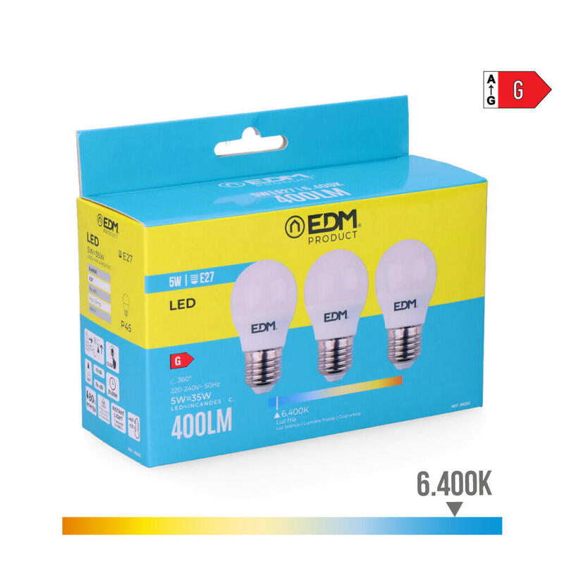 Pack De 5 Unidades - Kit 3 Bombillas Esfericas Led E27 5w 400lm 6400k Luz Fria Ø4,5x8cm Edm