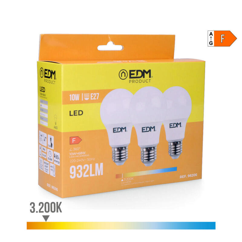 Pack De 5 Unidades - Kit 3 Bombillas Standard Led E27 10w 810lm 3200k Luz Calida Ø6x10,8cm Edm