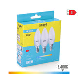 Pack De 5 Unidades - Kit 3 Bombillas Vela Led E14 5w 400lm 6400k Luz Fria Ø3,6x10cm Edm