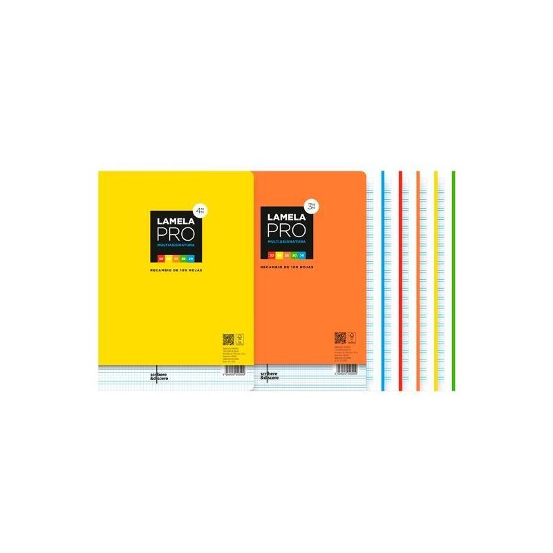 Pack De 5 Unidades Lamela Recambio Pro 4 Taladros 100h A4 90gr Cuadrovía 3mm Multiasignaturas 5 Colores