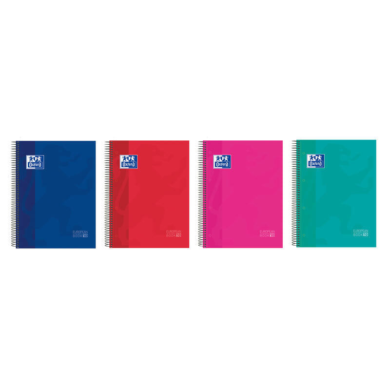 Pack De 5 Unidades Oxford Europeanbook 10 Cuaderno Espiral Formato A4+ Cuadriculado 5x5mm - 150 Hojas - Tapa Extradura Acabado Brillante - 10 Bandas De Color - Colores Surtidos