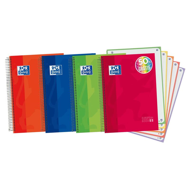 Pack De 5 Unidades Oxford Europeanbook 5 Cuaderno Espiral Formato A4+ Cuadriculado 5x5mm - 120 Hojas - Tapa Extradura Acabado Brillante - 5 Bandas De Color - Colores Surtidos