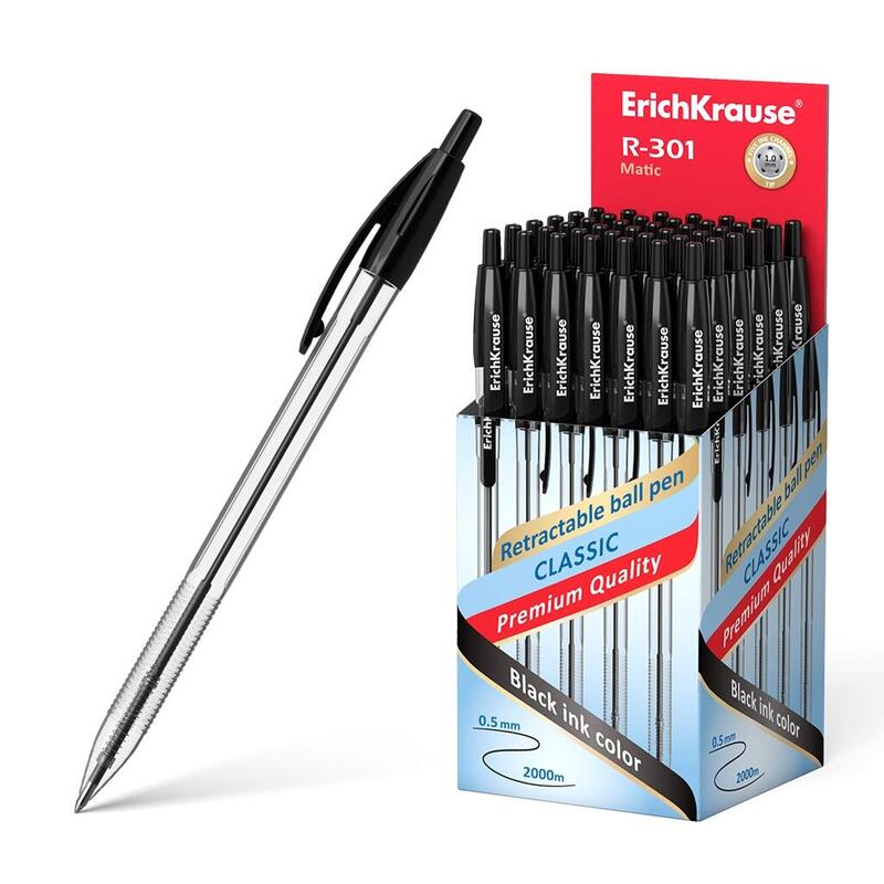 Pack De 50 Unidades Erichkrause Boligrafo Automatico R-301 Classic Matic 1.0 - Punta De 1.0mm - Tinta De Secado Rapido - Cuerpo Hexagonal Transparente - Color Negro