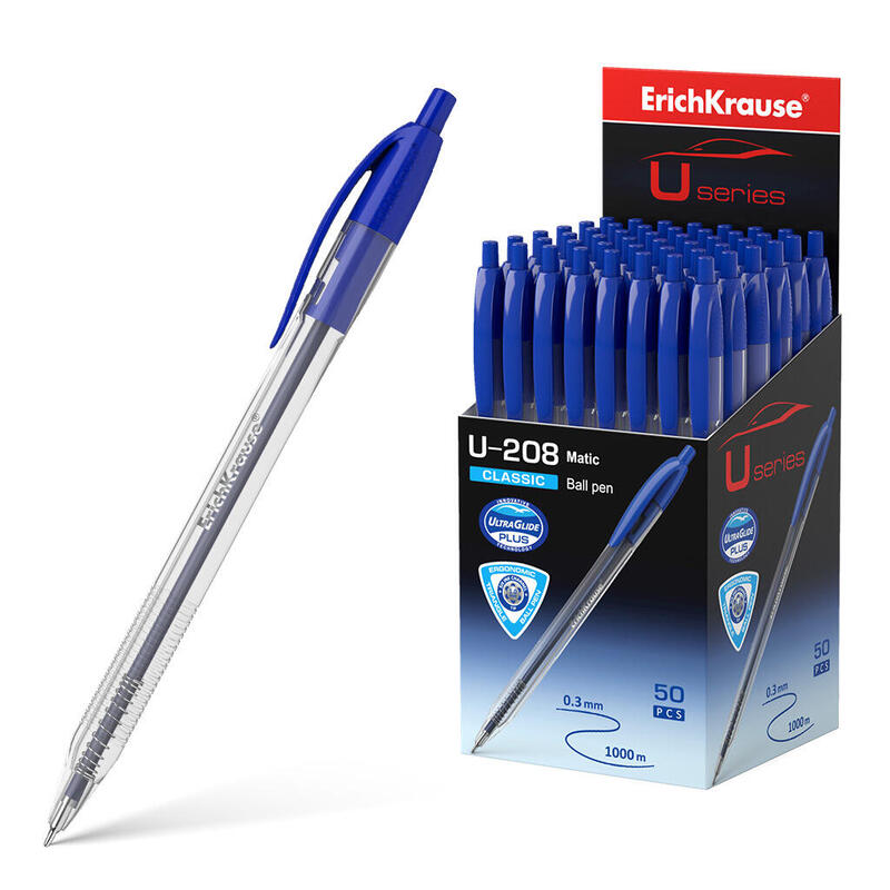 Pack De 50 Unidades Erichkrause Boligrafo Automatico U-208 Classic Matic - Ultra Glide Technology - Cuerpo Transparente Con Grip - Color Azul