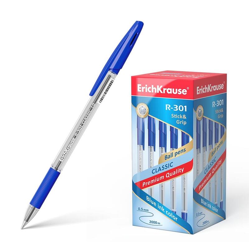 Pack De 50 Unidades Erichkrause Boligrafo R-301 Classic Stick&Grip 1.0 - Cuerpo Transparente Hexagonal - Zona De Agarre De Goma - Capuchon Ventilado - Tinta De Secado Rapido - Color Azul