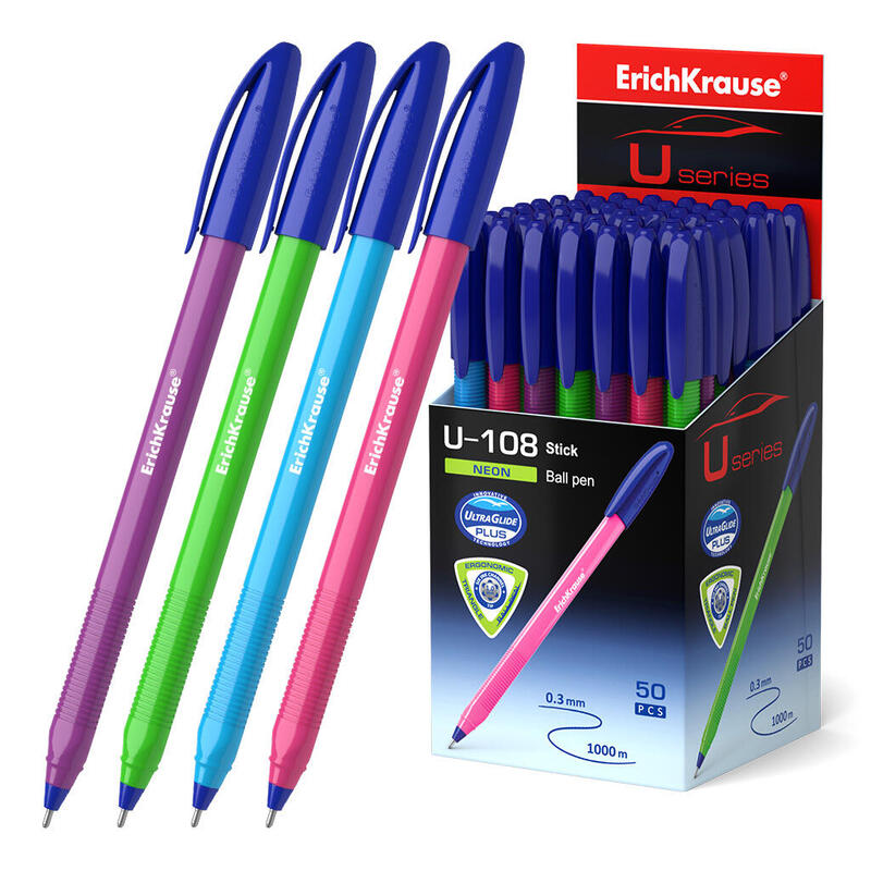 Pack De 50 Unidades Erichkrause Boligrafo U-108 Neon Stick 1.0 - Ultra Glide Technology - Color Azul
