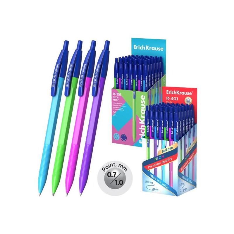 Pack De 50 Unidades Erichkrause R-301 Matic Neon Boligrafo Retractil - Modelos Surtidos - Trazo 0.35mm - Azul