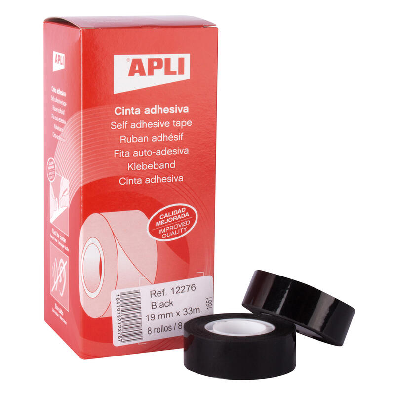Pack De 8 Unidades Apli Cinta Adhesiva Negra 19mm X 33m - Resistente Al Agua Y A La Intemperie - Facil De Cortar Con Las Manos - Ideal Para Uso En Exteriores Negro