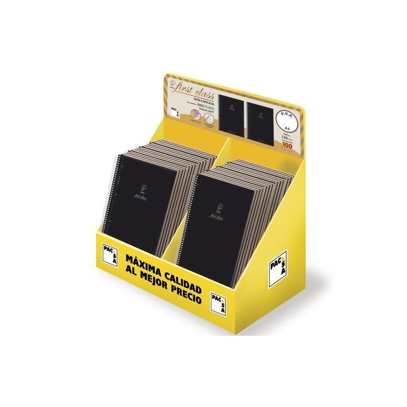 Pacsa Cuaderno Serie First Class A5 Microperforado 120h Tapa Negra Relieve Oro/Plata Expositor De 24 Surtidos